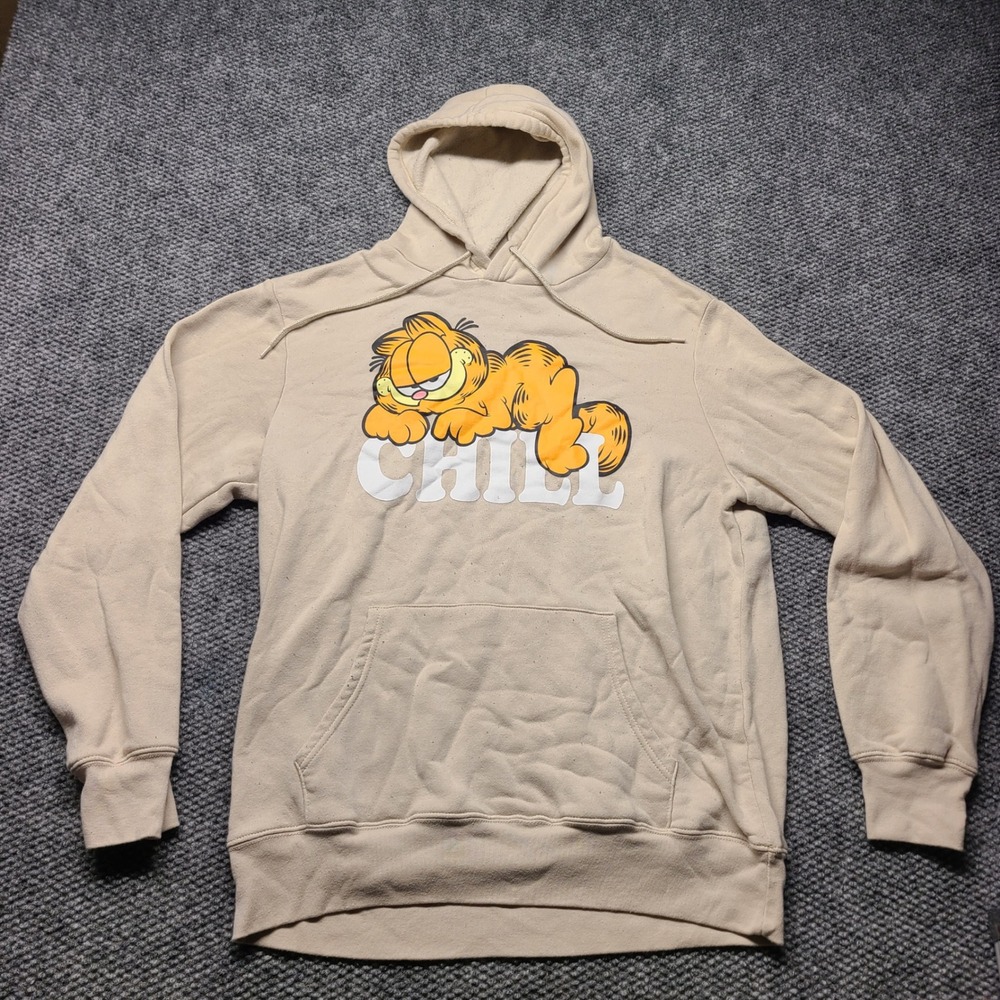 Mad Engine Garfield Chill Graphic Hoodie Tan Beige Size Large Womens Sweatshirt